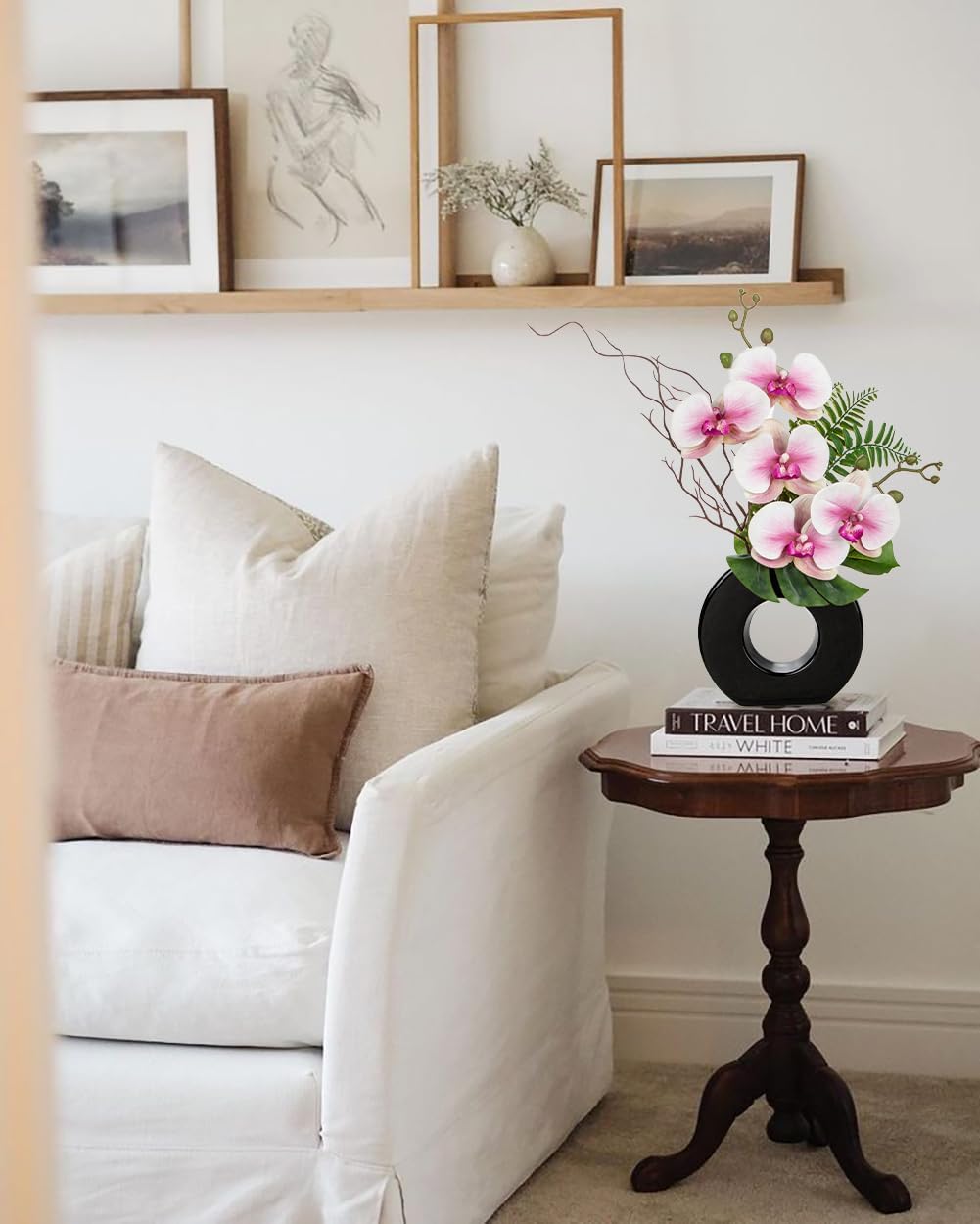 Orchid Artificial Flowers in White Ceramic Vase, 16.1'' | Realistic White Silk Blooms Faux Orchid Arrangement for Bathroom Vanities Entryways Desks Shelf Home Office Decor