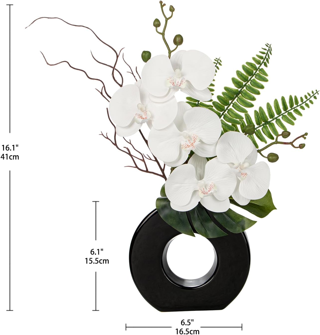 Orchid Artificial Flowers in White Ceramic Vase, 16.1'' | Realistic White Silk Blooms Faux Orchid Arrangement for Bathroom Vanities Entryways Desks Shelf Home Office Decor