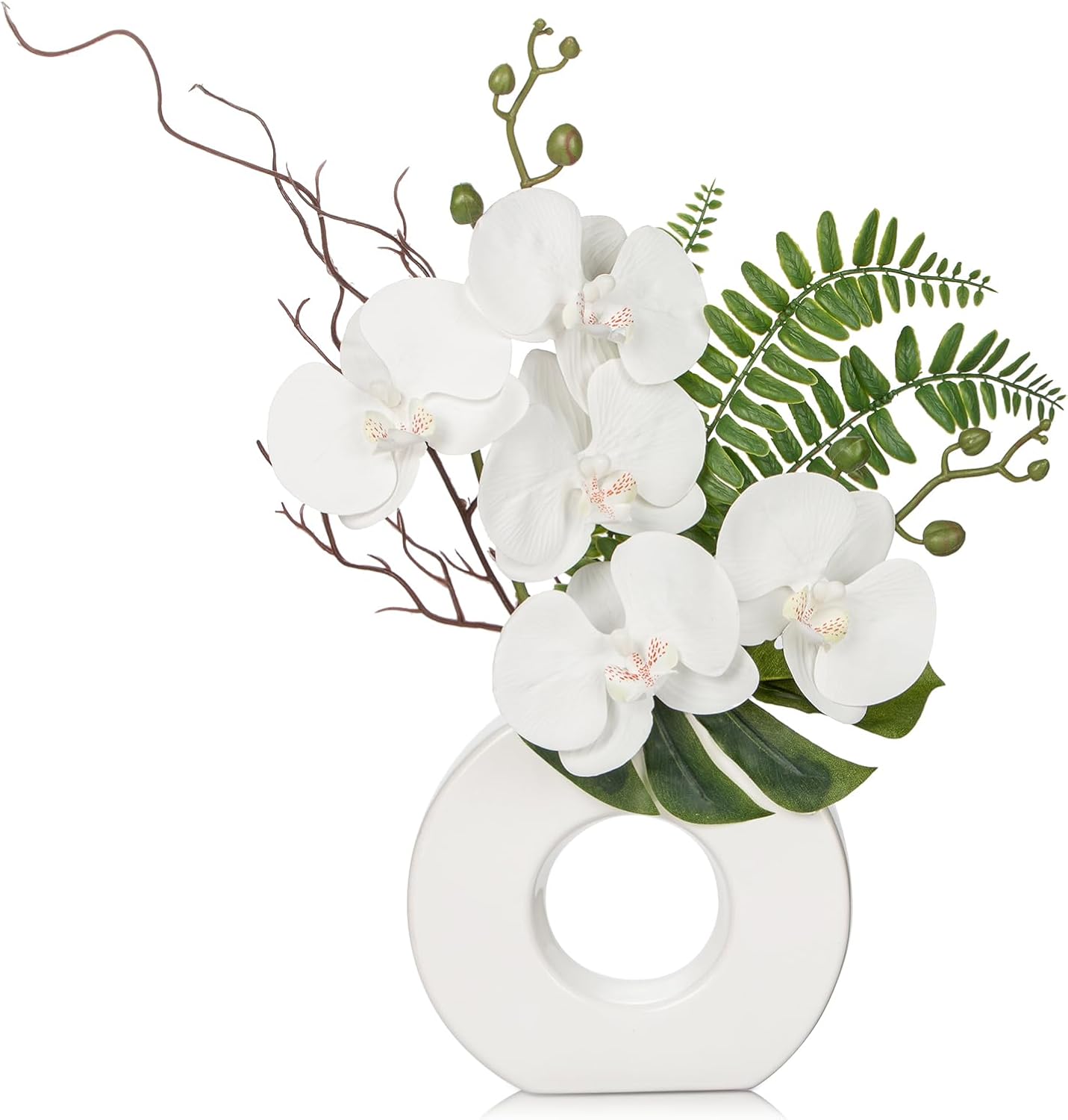 Orchid Artificial Flowers in White Ceramic Vase, 16.1'' | Realistic White Silk Blooms Faux Orchid Arrangement for Bathroom Vanities Entryways Desks Shelf Home Office Decor