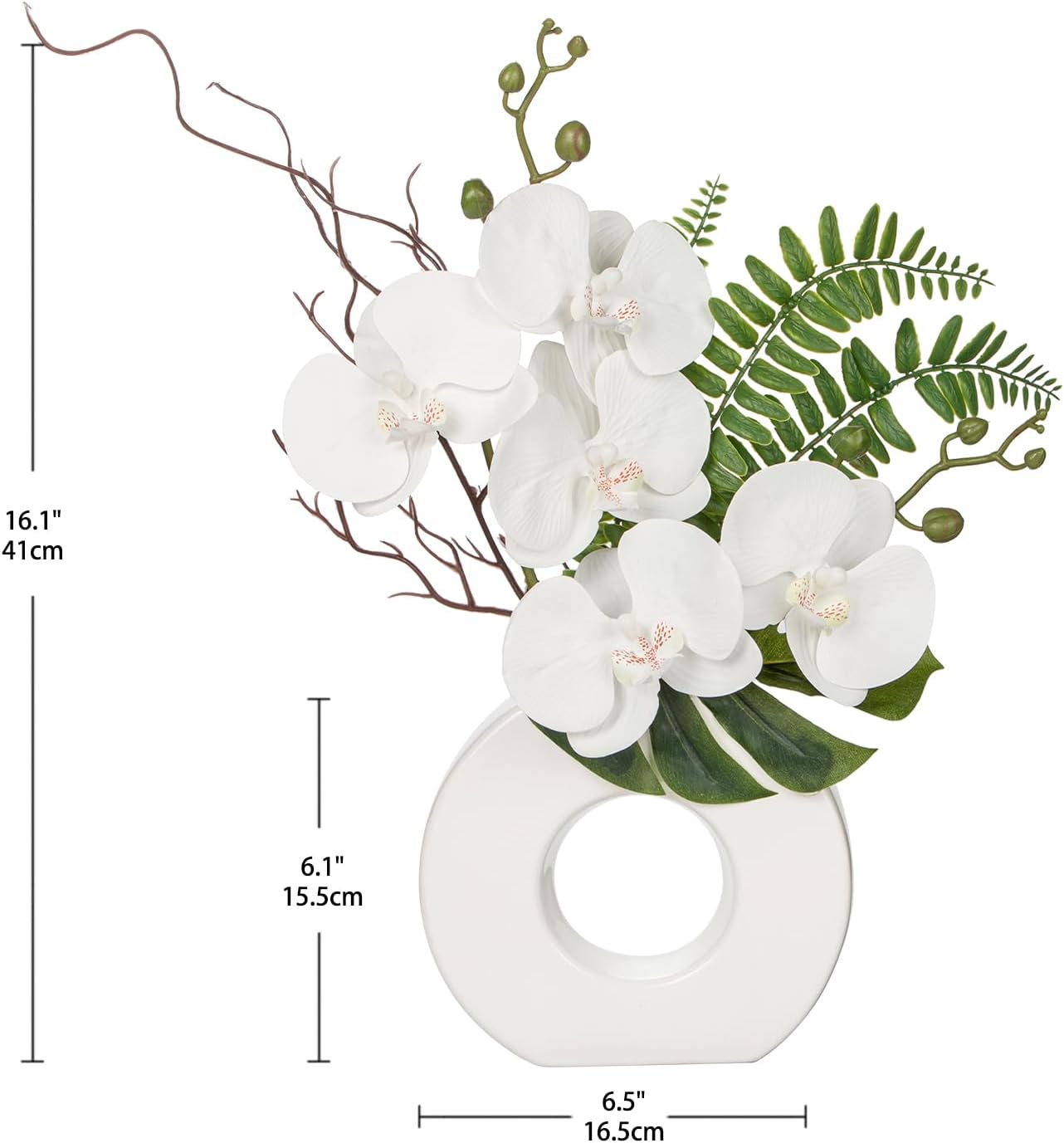 Orchid Artificial Flowers in White Ceramic Vase, 16.1'' | Realistic White Silk Blooms Faux Orchid Arrangement for Bathroom Vanities Entryways Desks Shelf Home Office Decor
