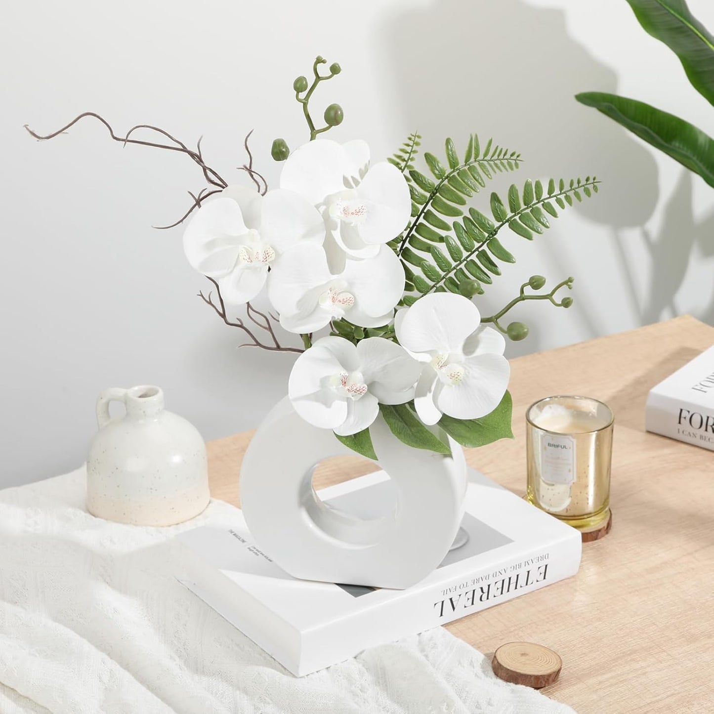 Orchid Artificial Flowers in White Ceramic Vase, 16.1'' | Realistic White Silk Blooms Faux Orchid Arrangement for Bathroom Vanities Entryways Desks Shelf Home Office Decor