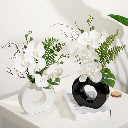 Orchid Artificial Flowers in White Ceramic Vase, 16.1'' | Realistic White Silk Blooms Faux Orchid Arrangement for Bathroom Vanities Entryways Desks Shelf Home Office Decor