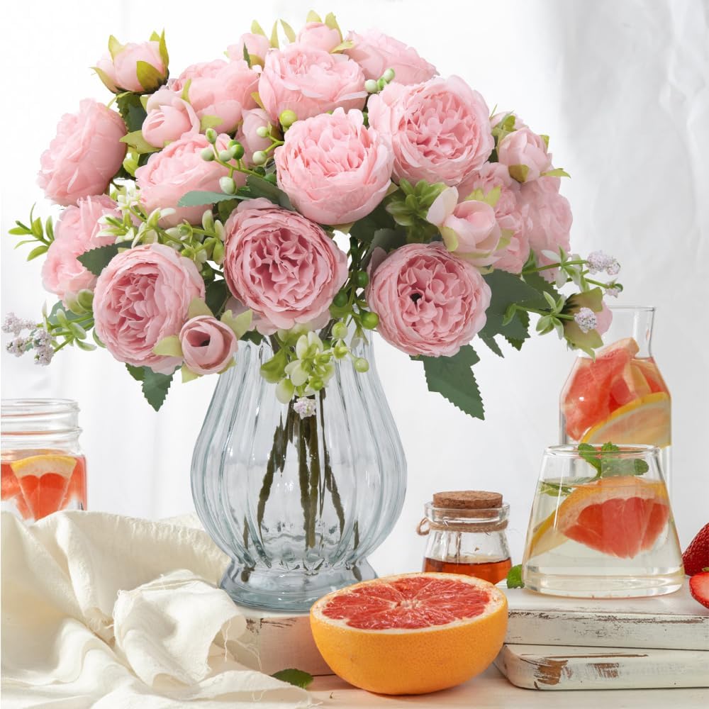Artificial Peonies Silk Flowers in Glass Vase Faux Flowers Bouquets Modern Penoy Arrangement 4 Pack for Home Decoration Table Centerpiece (Pink)