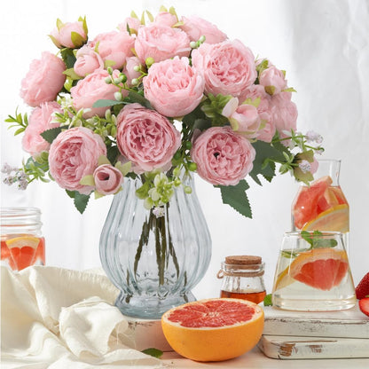 Artificial Peonies Silk Flowers in Glass Vase Faux Flowers Bouquets Modern Penoy Arrangement 4 Pack for Home Decoration Table Centerpiece (Pink)