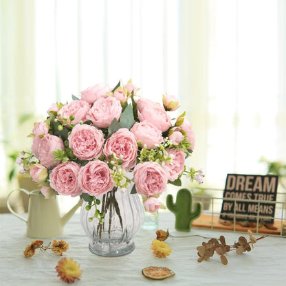 Artificial Peonies Silk Flowers in Glass Vase Faux Flowers Bouquets Modern Penoy Arrangement 4 Pack for Home Decoration Table Centerpiece (Pink)
