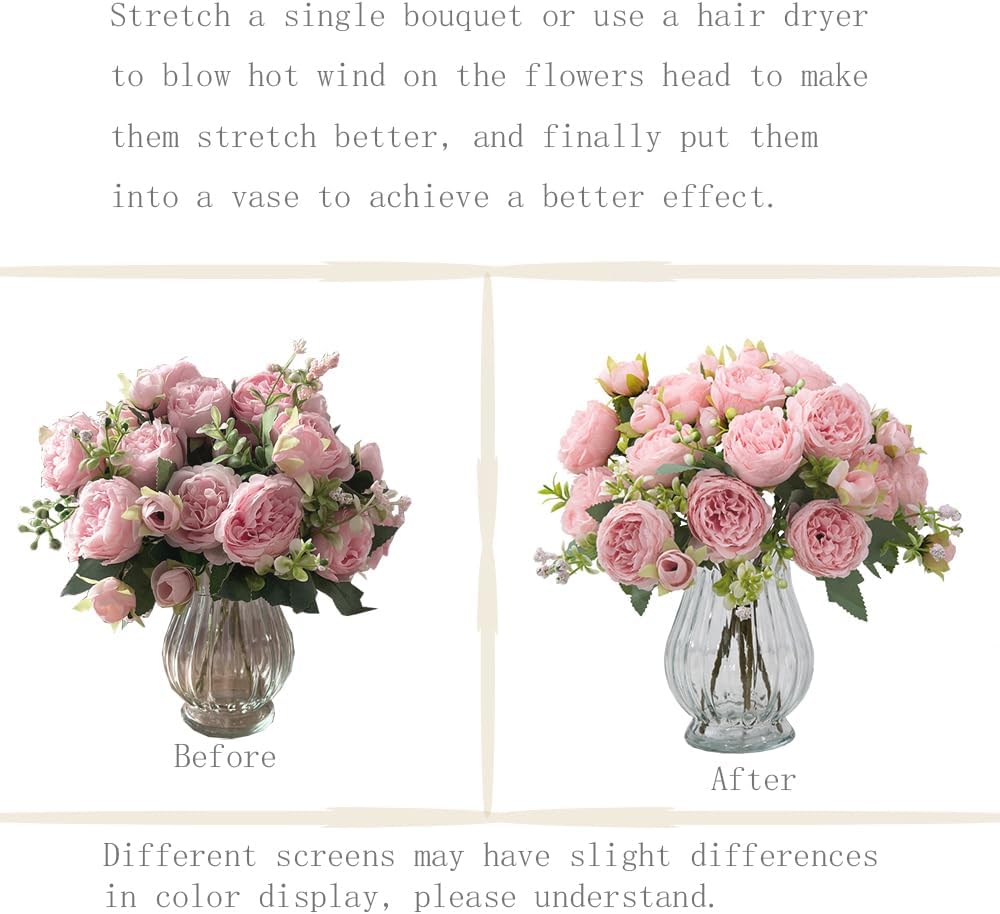 Artificial Peonies Silk Flowers in Glass Vase Faux Flowers Bouquets Modern Penoy Arrangement 4 Pack for Home Decoration Table Centerpiece (Pink)