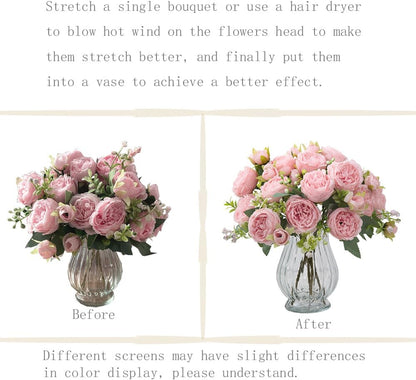 Artificial Peonies Silk Flowers in Glass Vase Faux Flowers Bouquets Modern Penoy Arrangement 4 Pack for Home Decoration Table Centerpiece (Pink)
