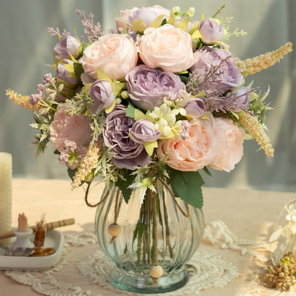 Artificial Peonies Silk Flowers in Glass Vase Faux Flowers Bouquets Modern Penoy Arrangement 4 Pack for Home Decoration Table Centerpiece (Pink)