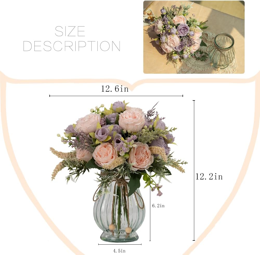 Artificial Peonies Silk Flowers in Glass Vase Faux Flowers Bouquets Modern Penoy Arrangement 4 Pack for Home Decoration Table Centerpiece (Pink)