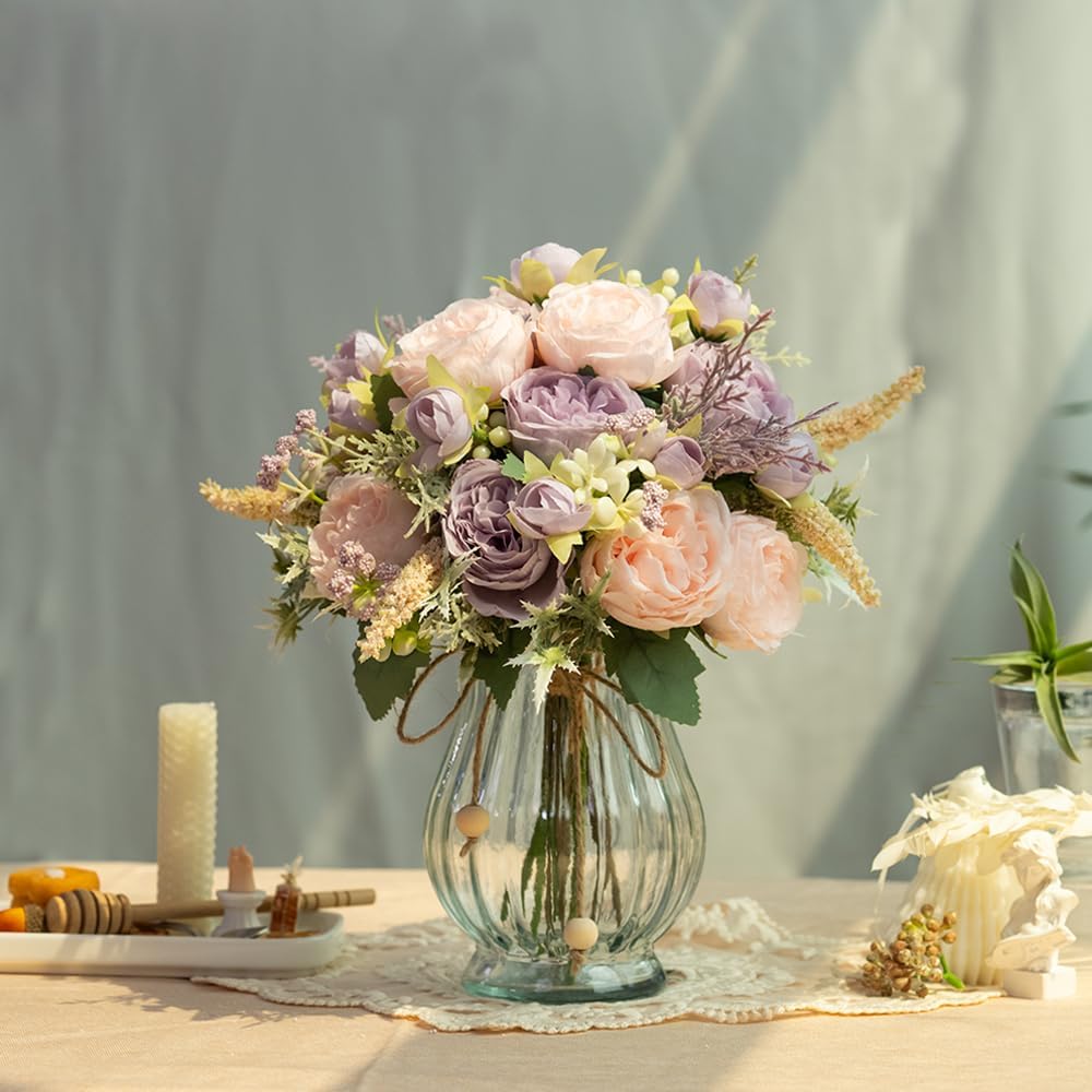 Artificial Peonies Silk Flowers in Glass Vase Faux Flowers Bouquets Modern Penoy Arrangement 4 Pack for Home Decoration Table Centerpiece (Pink)