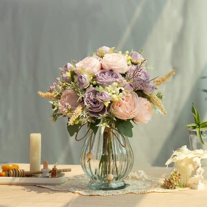Artificial Peonies Silk Flowers in Glass Vase Faux Flowers Bouquets Modern Penoy Arrangement 4 Pack for Home Decoration Table Centerpiece (Pink)