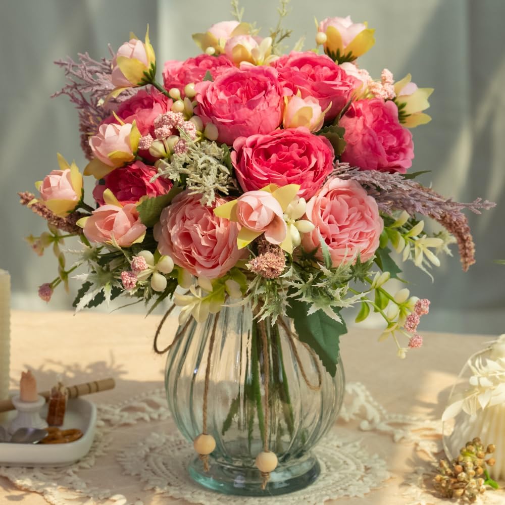 Artificial Peonies Silk Flowers in Glass Vase Faux Flowers Bouquets Modern Penoy Arrangement 4 Pack for Home Decoration Table Centerpiece (Pink)