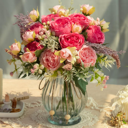 Artificial Peonies Silk Flowers in Glass Vase Faux Flowers Bouquets Modern Penoy Arrangement 4 Pack for Home Decoration Table Centerpiece (Pink)