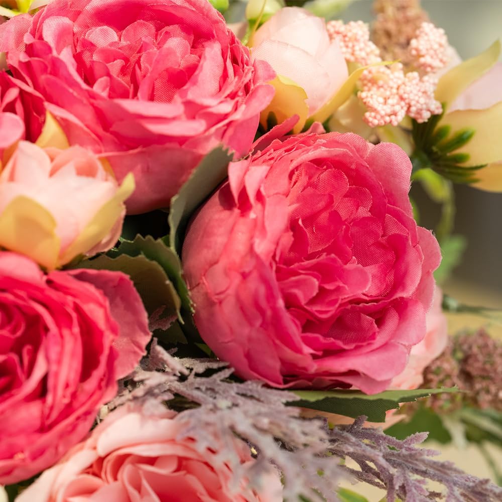 Artificial Peonies Silk Flowers in Glass Vase Faux Flowers Bouquets Modern Penoy Arrangement 4 Pack for Home Decoration Table Centerpiece (Pink)