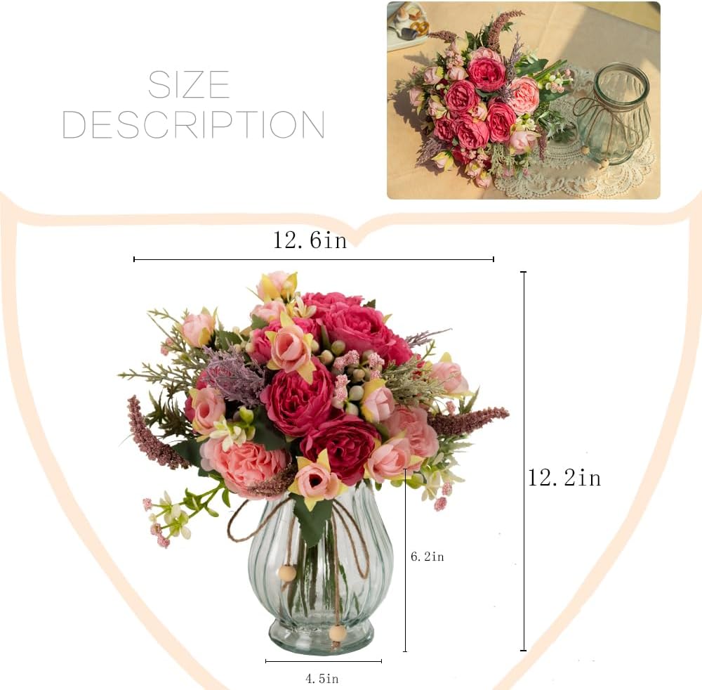 Artificial Peonies Silk Flowers in Glass Vase Faux Flowers Bouquets Modern Penoy Arrangement 4 Pack for Home Decoration Table Centerpiece (Pink)