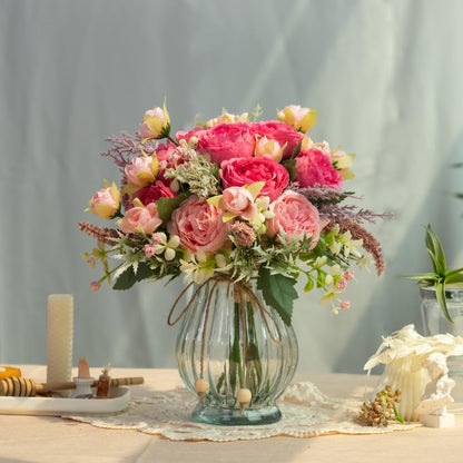 Artificial Peonies Silk Flowers in Glass Vase Faux Flowers Bouquets Modern Penoy Arrangement 4 Pack for Home Decoration Table Centerpiece (Pink)