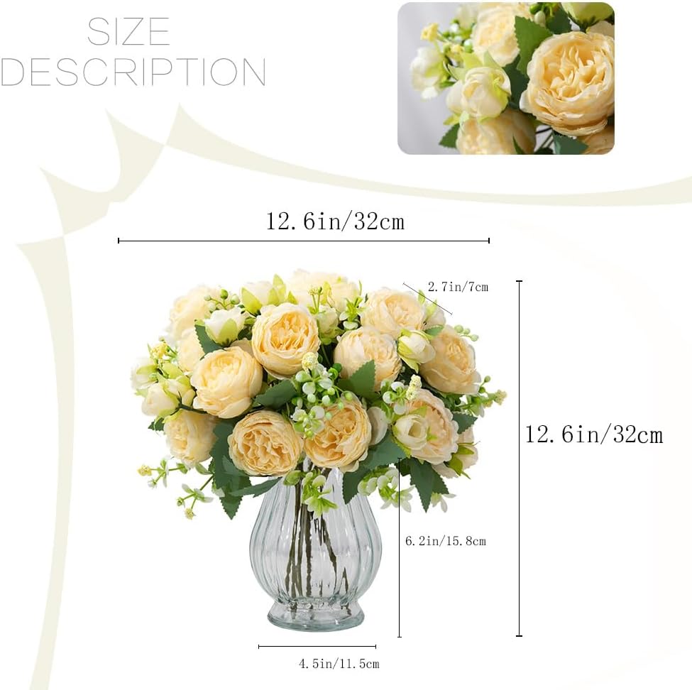 Artificial Peonies Silk Flowers in Glass Vase Faux Flowers Bouquets Modern Penoy Arrangement 4 Pack for Home Decoration Table Centerpiece (Pink)