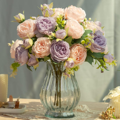 Artificial Peonies Silk Flowers in Glass Vase Faux Flowers Bouquets Modern Penoy Arrangement 4 Pack for Home Decoration Table Centerpiece (Pink)