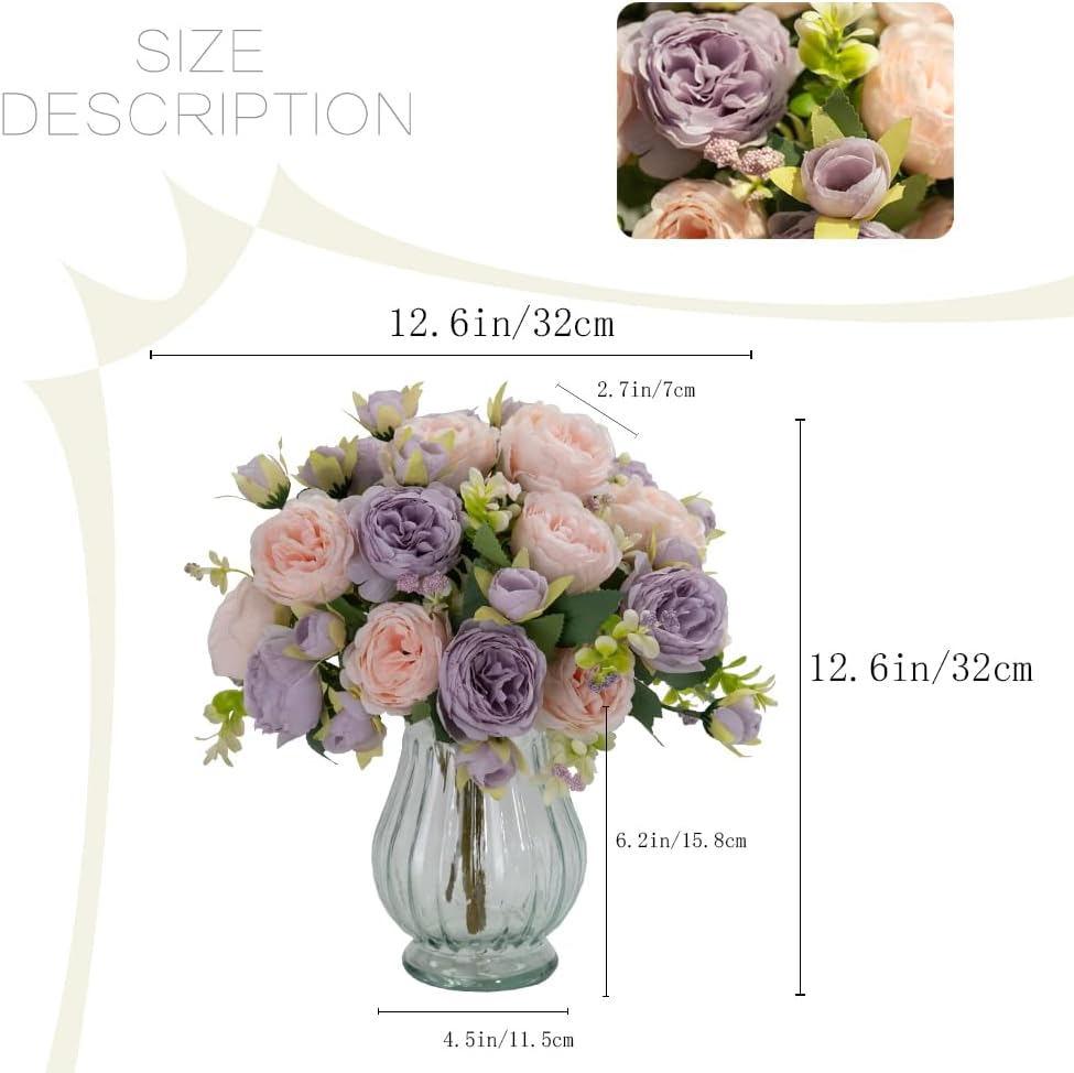 Artificial Peonies Silk Flowers in Glass Vase Faux Flowers Bouquets Modern Penoy Arrangement 4 Pack for Home Decoration Table Centerpiece (Pink)