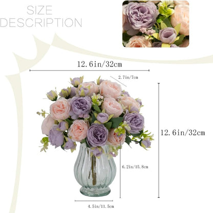 Artificial Peonies Silk Flowers in Glass Vase Faux Flowers Bouquets Modern Penoy Arrangement 4 Pack for Home Decoration Table Centerpiece (Pink)