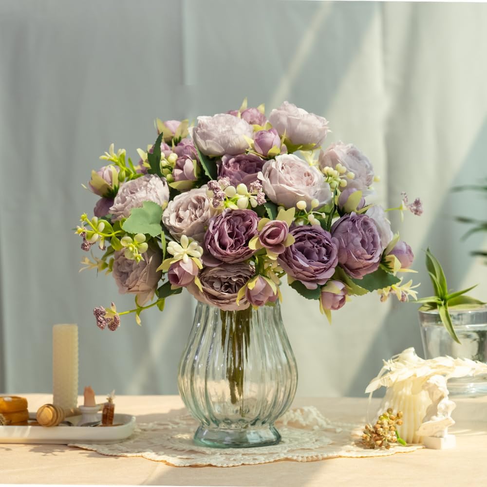 Artificial Peonies Silk Flowers in Glass Vase Faux Flowers Bouquets Modern Penoy Arrangement 4 Pack for Home Decoration Table Centerpiece (Pink)