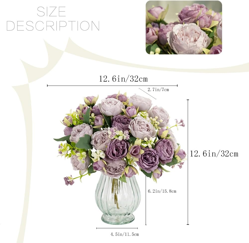 Artificial Peonies Silk Flowers in Glass Vase Faux Flowers Bouquets Modern Penoy Arrangement 4 Pack for Home Decoration Table Centerpiece (Pink)