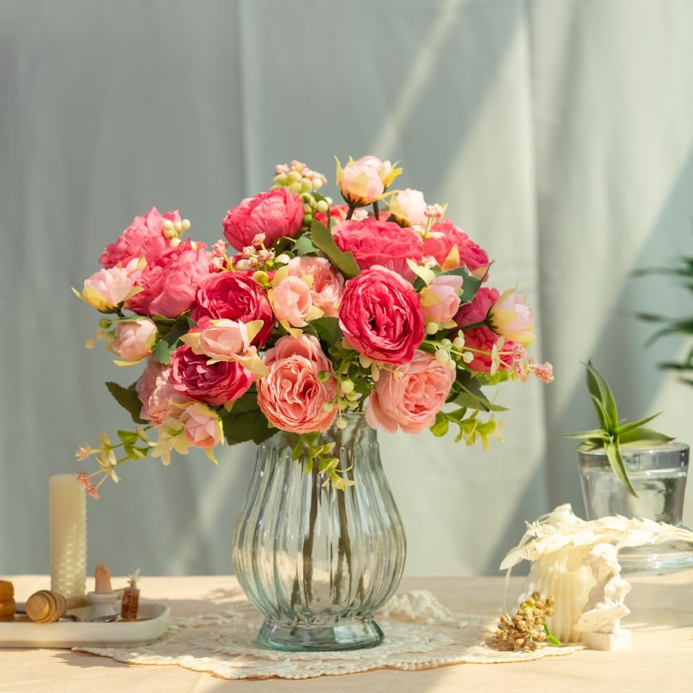 Artificial Peonies Silk Flowers in Glass Vase Faux Flowers Bouquets Modern Penoy Arrangement 4 Pack for Home Decoration Table Centerpiece (Pink)