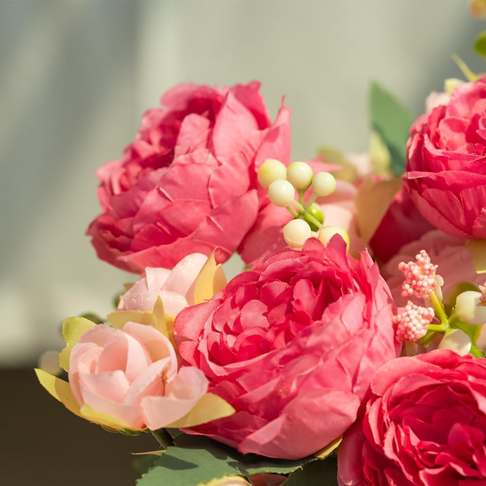 Artificial Peonies Silk Flowers in Glass Vase Faux Flowers Bouquets Modern Penoy Arrangement 4 Pack for Home Decoration Table Centerpiece (Pink)