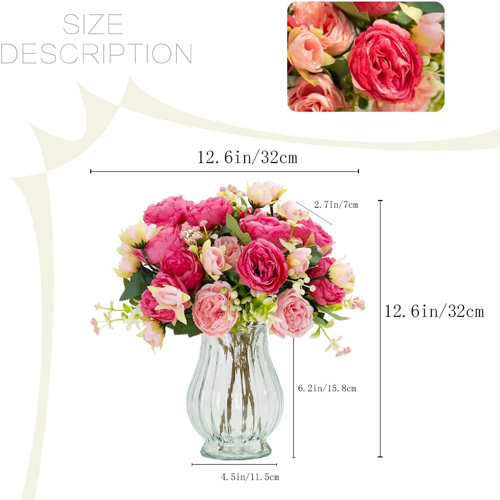 Artificial Peonies Silk Flowers in Glass Vase Faux Flowers Bouquets Modern Penoy Arrangement 4 Pack for Home Decoration Table Centerpiece (Pink)