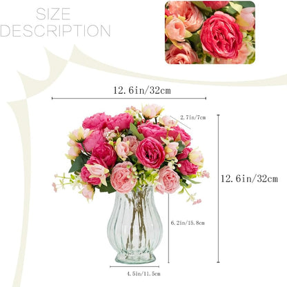 Artificial Peonies Silk Flowers in Glass Vase Faux Flowers Bouquets Modern Penoy Arrangement 4 Pack for Home Decoration Table Centerpiece (Pink)