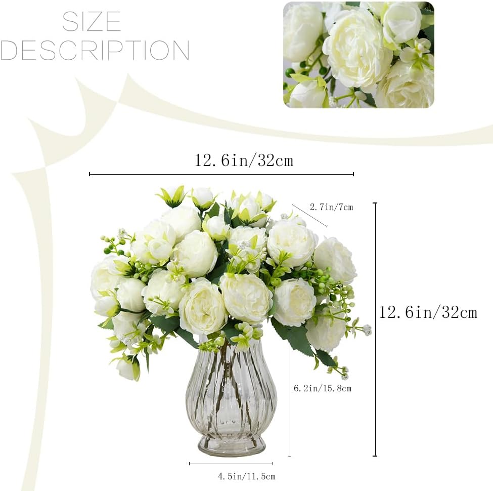 Artificial Peonies Silk Flowers in Glass Vase Faux Flowers Bouquets Modern Penoy Arrangement 4 Pack for Home Decoration Table Centerpiece (Pink)