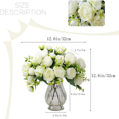 Artificial Peonies Silk Flowers in Glass Vase Faux Flowers Bouquets Modern Penoy Arrangement 4 Pack for Home Decoration Table Centerpiece (Pink)