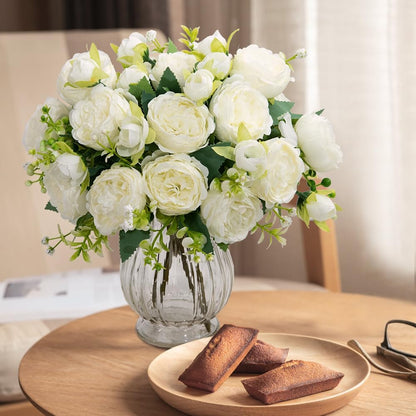 Artificial Peonies Silk Flowers in Glass Vase Faux Flowers Bouquets Modern Penoy Arrangement 4 Pack for Home Decoration Table Centerpiece (Pink)