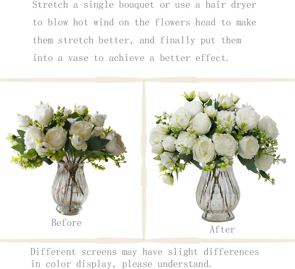 Artificial Peonies Silk Flowers in Glass Vase Faux Flowers Bouquets Modern Penoy Arrangement 4 Pack for Home Decoration Table Centerpiece (Pink)