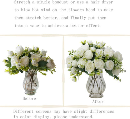 Artificial Peonies Silk Flowers in Glass Vase Faux Flowers Bouquets Modern Penoy Arrangement 4 Pack for Home Decoration Table Centerpiece (Pink)