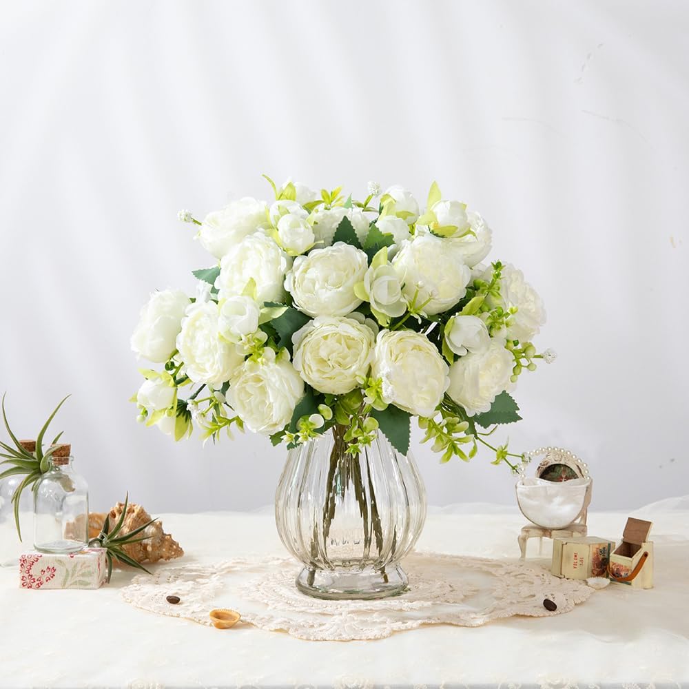 Artificial Peonies Silk Flowers in Glass Vase Faux Flowers Bouquets Modern Penoy Arrangement 4 Pack for Home Decoration Table Centerpiece (Pink)