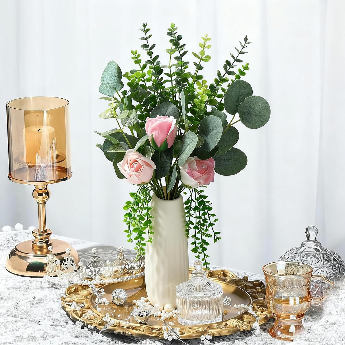 Artificial Eucalyptus Stems, Faux Silver Dollar Eucalyptus Leaves, Realistic Greenery Branches for Vase Filler, Wedding Greenery, Farmhouse Home Decor, Shower Eucalyptus Decoration