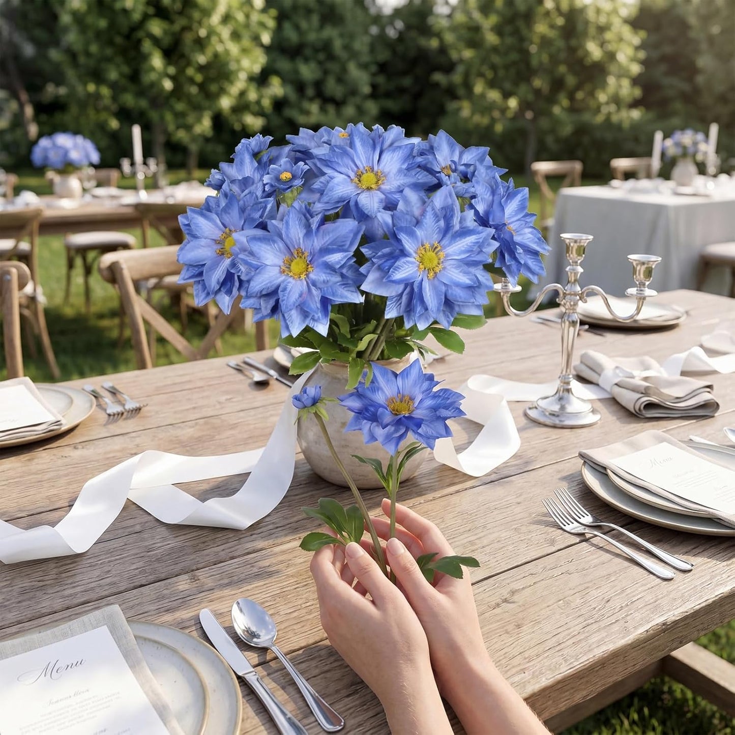 8 Pack Blue Dahlia Artificial Flowers 18 Inch Faux Dahlias Silk Dahlia Stems Real Looking Artificial Dahlias for Home Wedding Party Table Centerpieces Bouquets Decoracion(Blue)