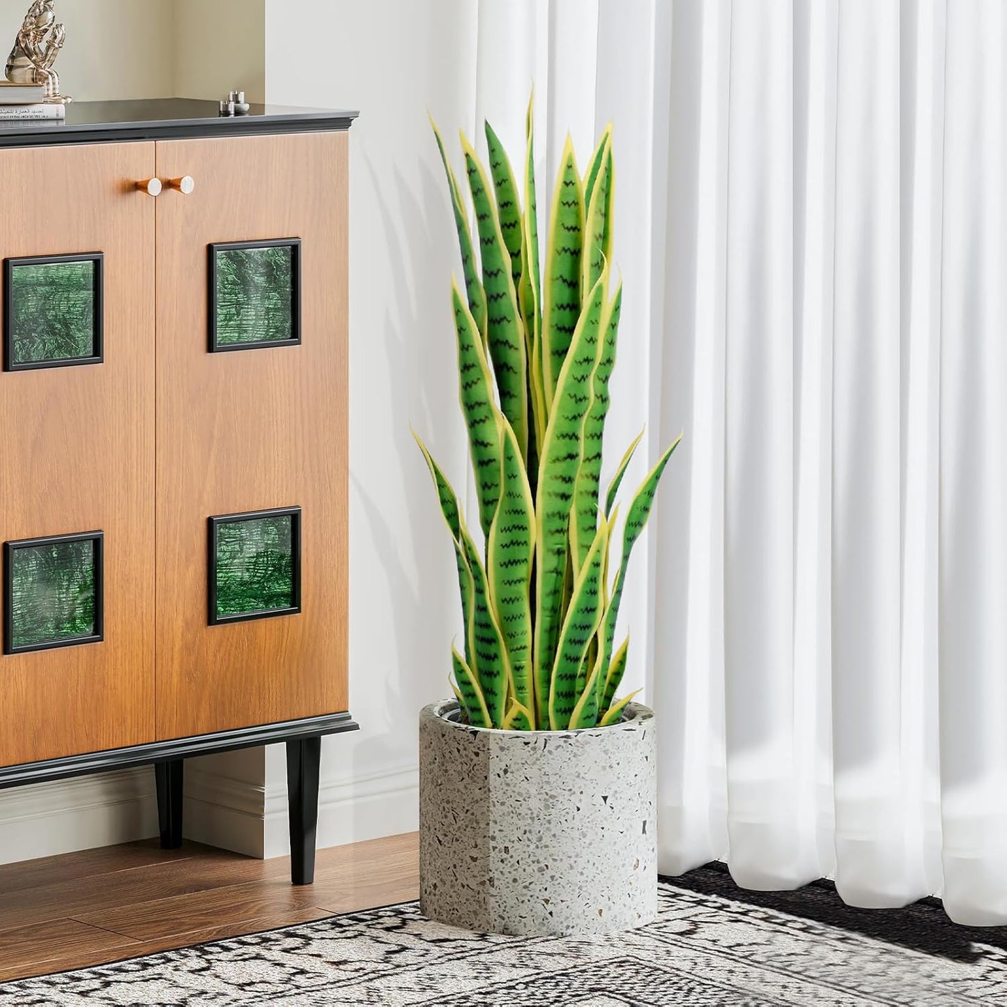 4ft Artificial Snake Plant – 46in Faux Sansevieria Plants, Fake Floor Plant for Indoor Outdoor, Front Porch Patio Home Office Decor, Mother-in-Law’s Tongue, Green 1Pcs