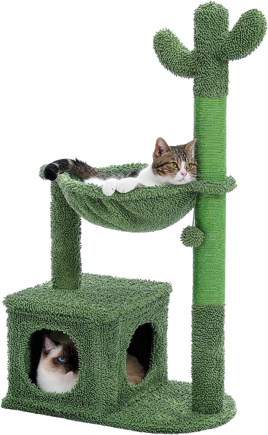 40" Cactus Cat Tree with Hammock, Condo & Sisal Post, Green