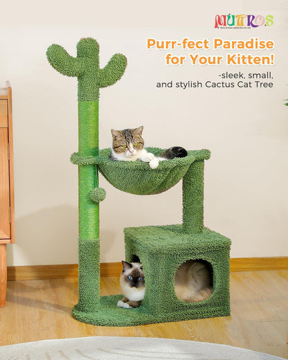 40" Cactus Cat Tree with Hammock, Condo & Sisal Post, Green