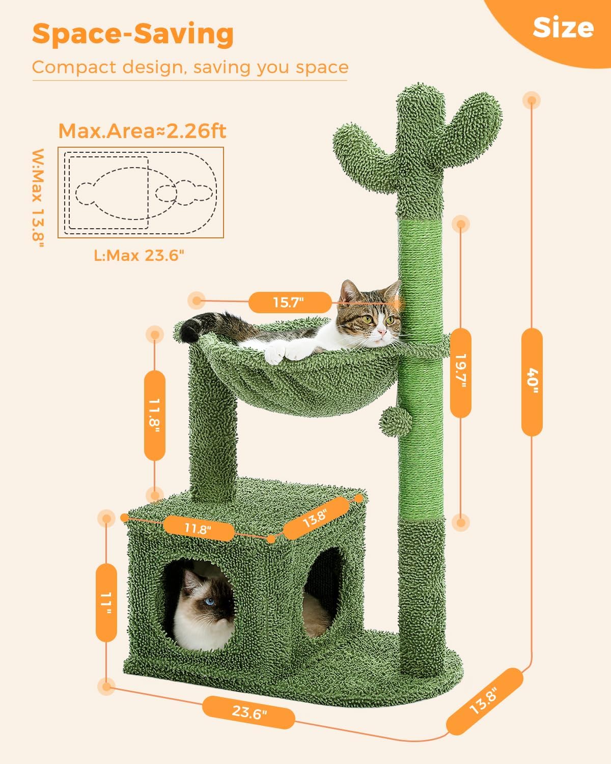 40" Cactus Cat Tree with Hammock, Condo & Sisal Post, Green