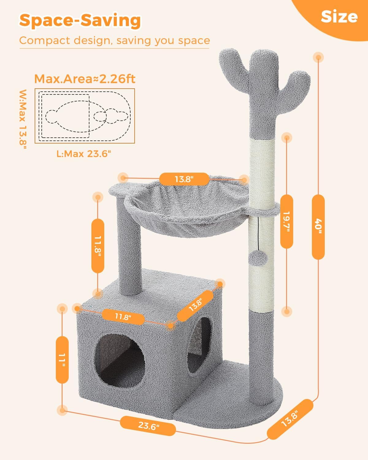 40" Cactus Cat Tree with Hammock, Condo & Sisal Post, Green