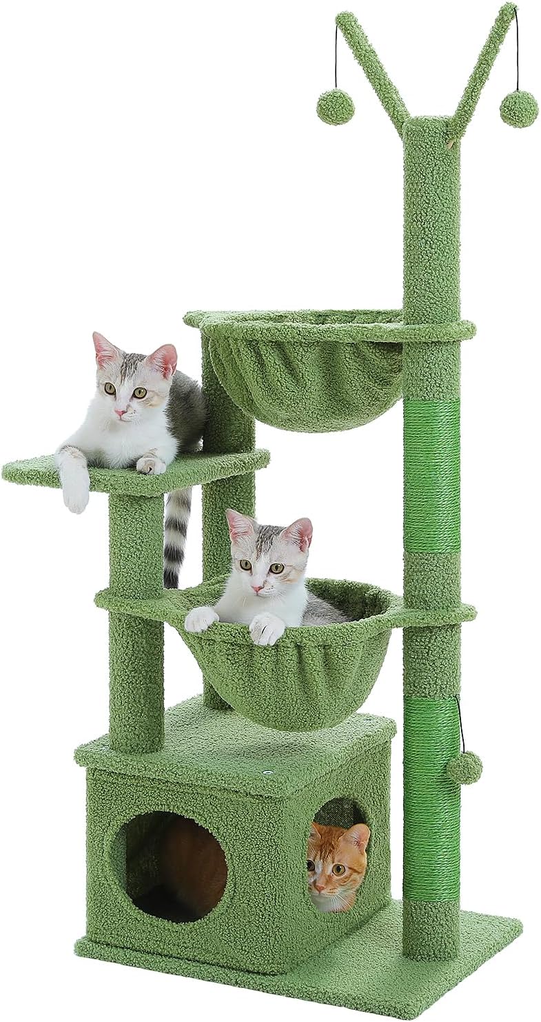 40" Cactus Cat Tree with Hammock, Condo & Sisal Post, Green