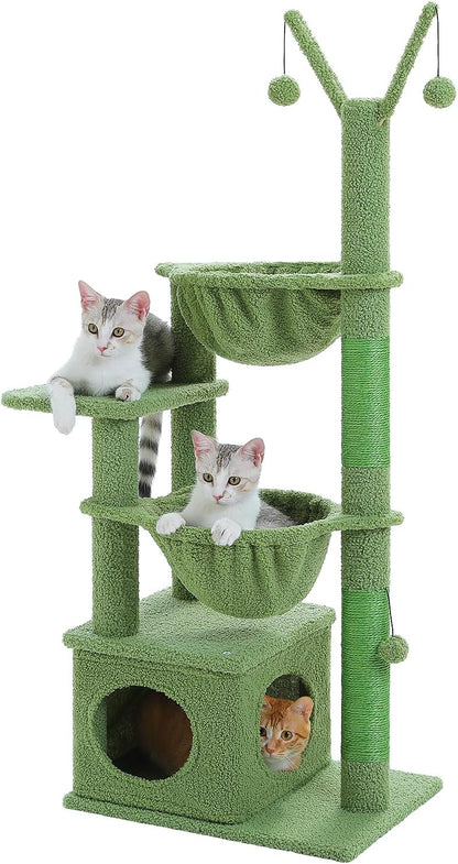 40" Cactus Cat Tree with Hammock, Condo & Sisal Post, Green