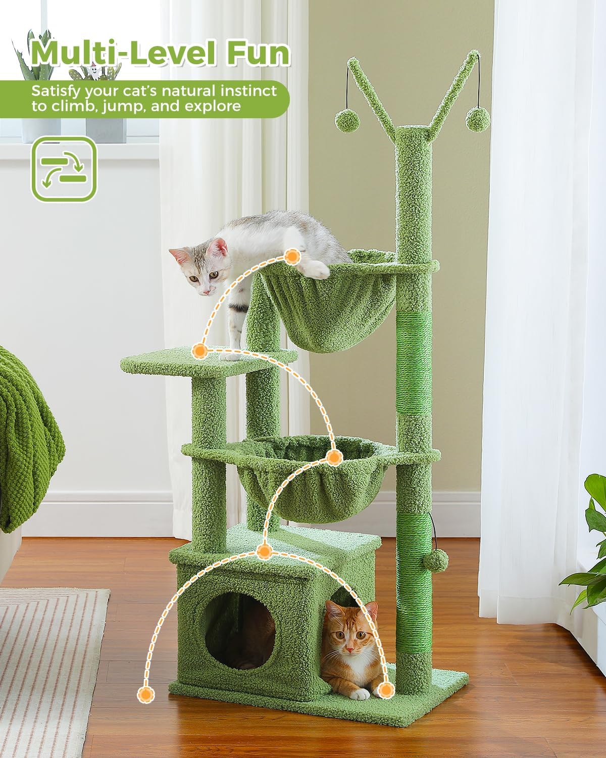 40" Cactus Cat Tree with Hammock, Condo & Sisal Post, Green