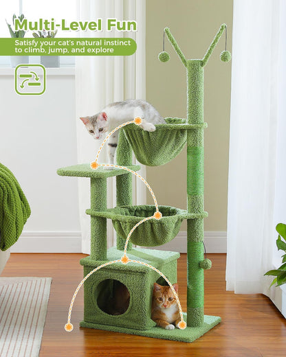 40" Cactus Cat Tree with Hammock, Condo & Sisal Post, Green