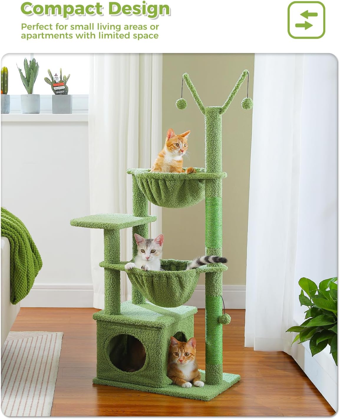 40" Cactus Cat Tree with Hammock, Condo & Sisal Post, Green