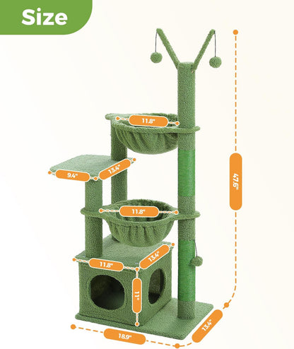 40" Cactus Cat Tree with Hammock, Condo & Sisal Post, Green