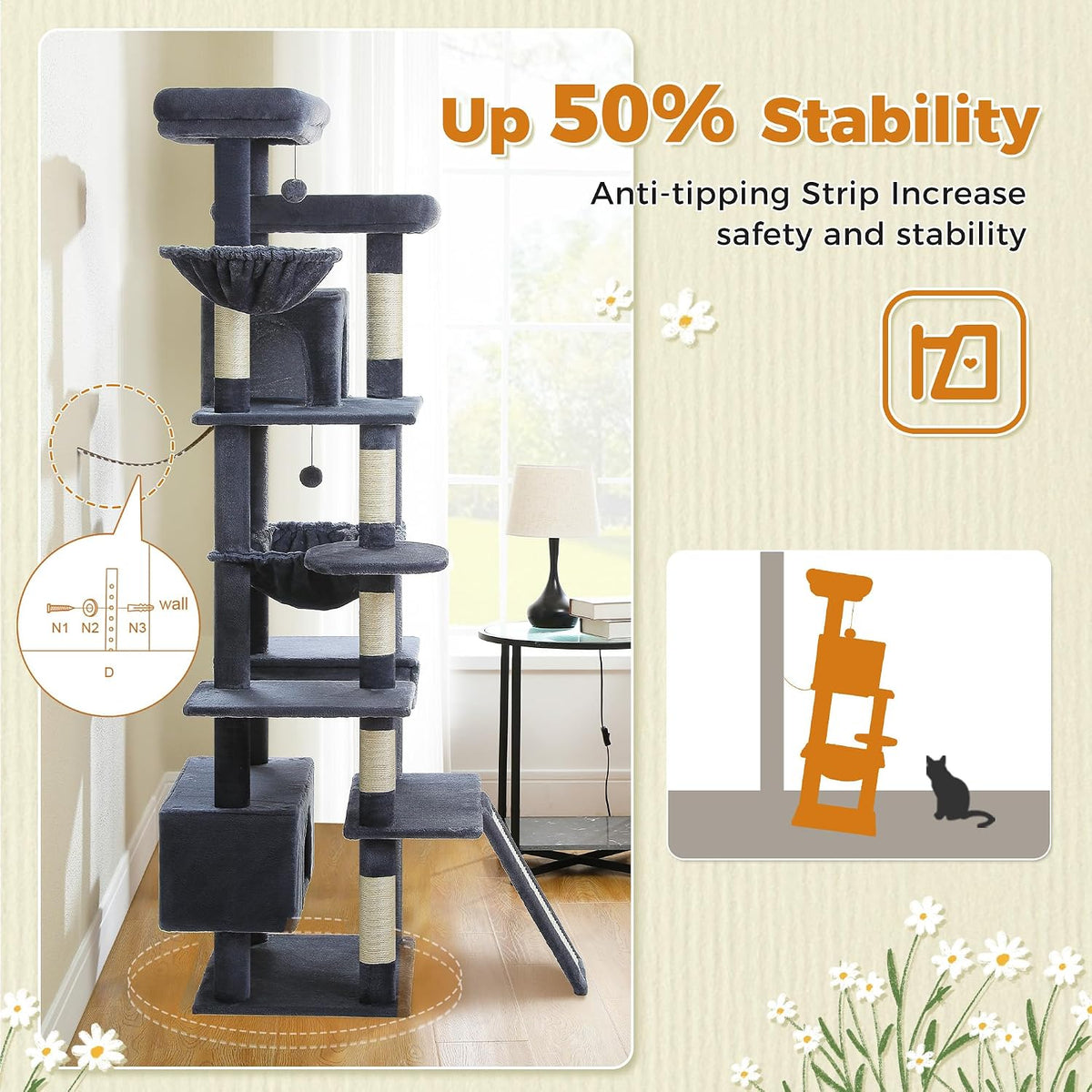 40" Cactus Cat Tree with Hammock, Condo & Sisal Post, Green